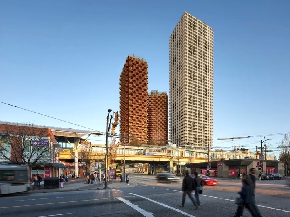 A photo rendering shows three residential towers rising behind the Commercial Drive SkyTrain station.