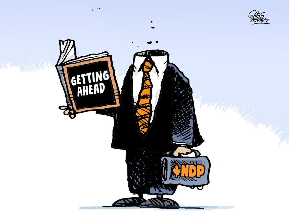 A cartoon shows a headless person in a suit holding a book titled ‘Getting Ahead’ and a briefcase that says ‘NDP.’