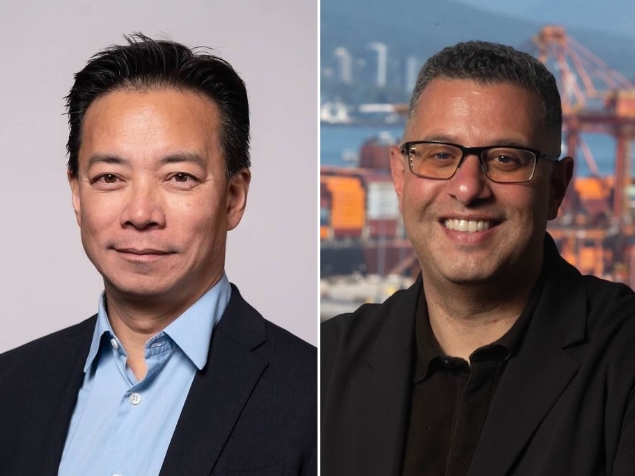Two headshots. On left, Ken Sim has medium-light skin tone and short black hair. On the right, Kareem Allam has medium skin tone, short dark hair, and glasses. Both are wearing black jackets over button-down shirts.