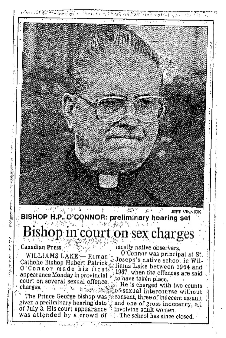 A grainy newspaper clipping features a photo of Bishop Hubert O&rsquo;Connor and the headline &lsquo;Bishop in court on sex charges.&rsquo;