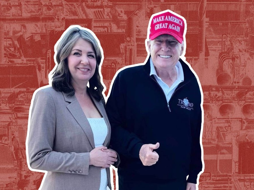 Danielle Smith, wearing a dove-coloured blazer, stands next to Donald Trump, wearing a red MAGA cap and a Trump Palm Beach pullover and giving a thumbs-up. They are outlined in white against a red backdrop depicting an oil refinery.