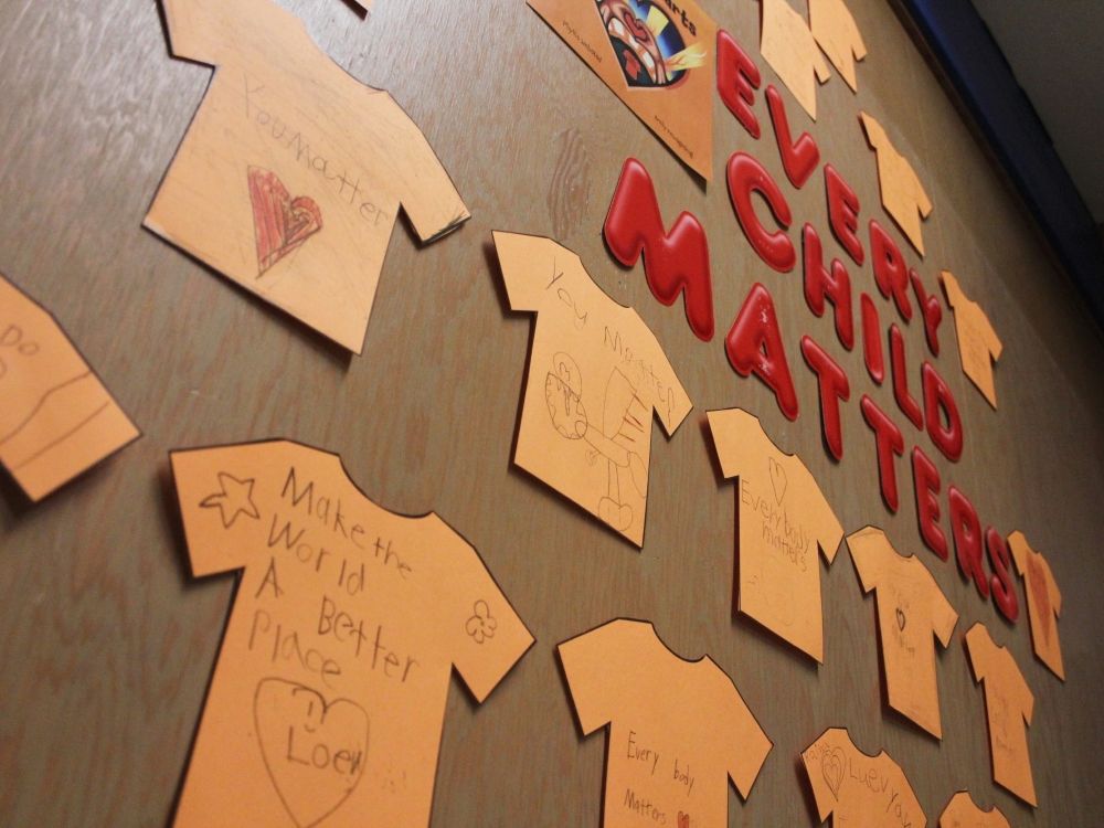 Children&rsquo;s art featuring paper orange shirt cutouts and a sign that reads &ldquo;Every Child Matters.&rdquo;