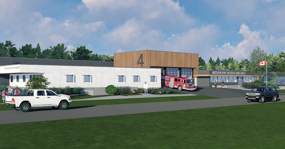 A digital illustration shows a potential future firehall for Mission. The building has white bricks and light wood. A fire engine is exiting the building.
