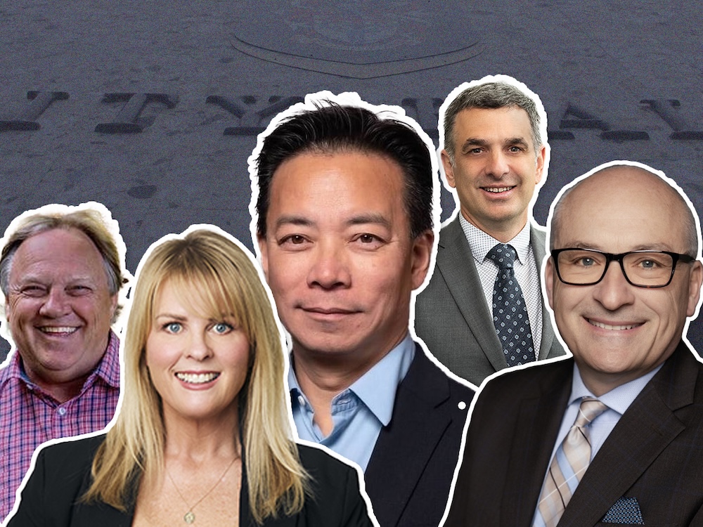 A collage of five municipal politicans. From left to right, Kamloops Mayor Reid Hamer-Jackson, Vancouver Councillor Rebecca Bligh, Vancouver Mayor Ken Sim, New Westminster Mayor Patrick Johnstone and New Westminster Councillor Daniel Fontaine.
