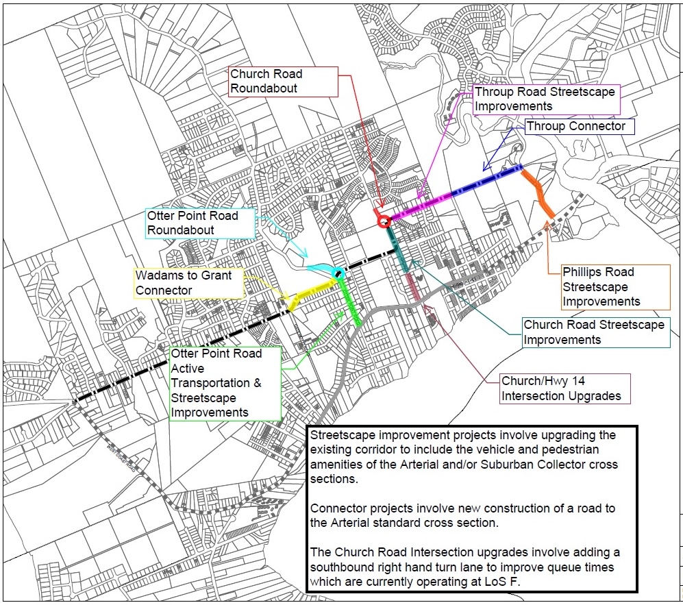 A map is labelled with potential road changes in Sooke.