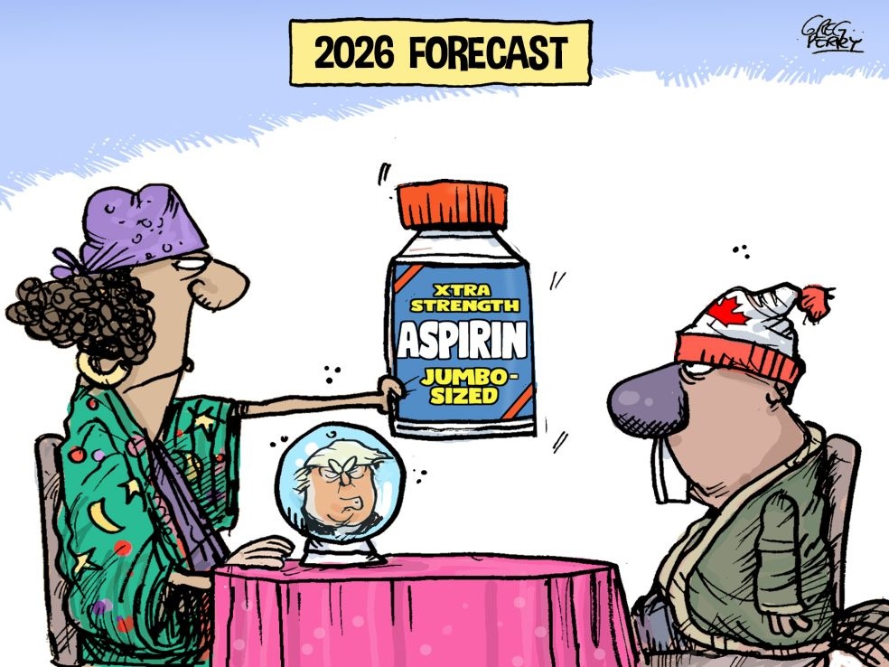 A cartoon shows a woman fortune teller with an image of Donald Trump in a crystal ball. She hands a large bottle of pain reliever to a beaver wearing a toque with a Canadian emblem on it.