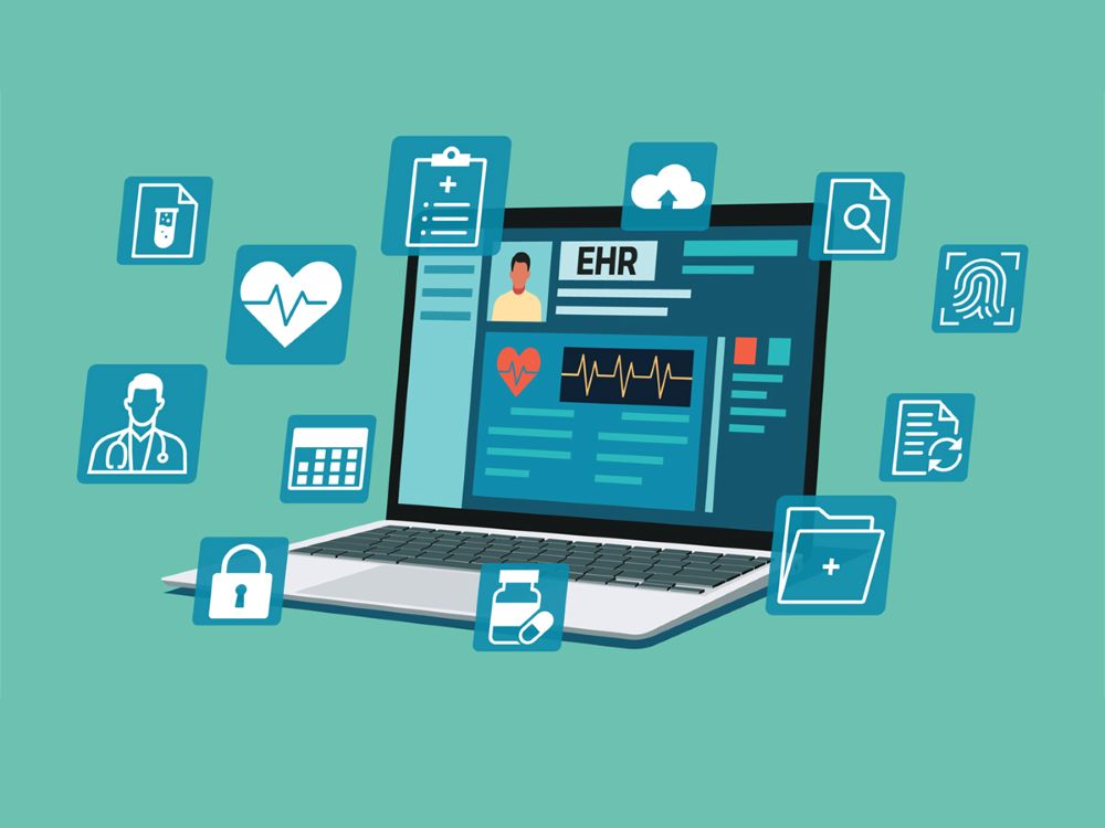 An illustration of an electronic health record, with little illustrations of pill bottles, a doctor wearing a stethoscope, etc.