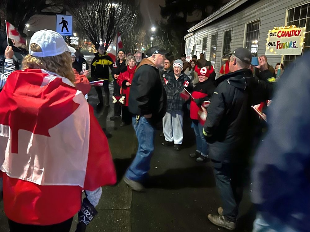 A group of people wearing winter coats outside a building at night. They hold large Canadian flags and one holds a sign that reads &lsquo;One country, one future.&rsquo;