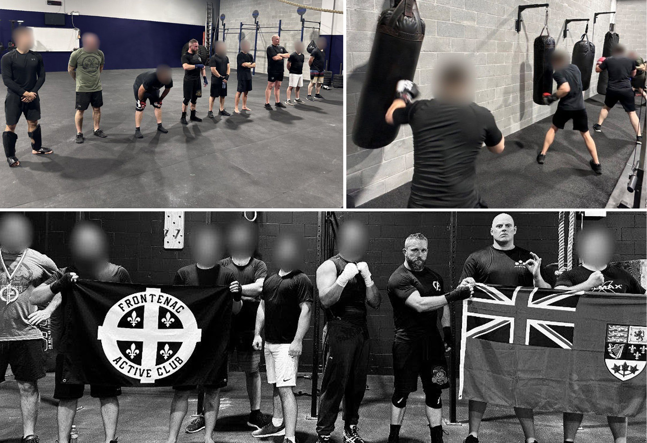 Three photos show men training inside a gym, including standing in a row, punching heavybags, and posing with a Canadian red ensign flag and a Frontenac Active Club flag.