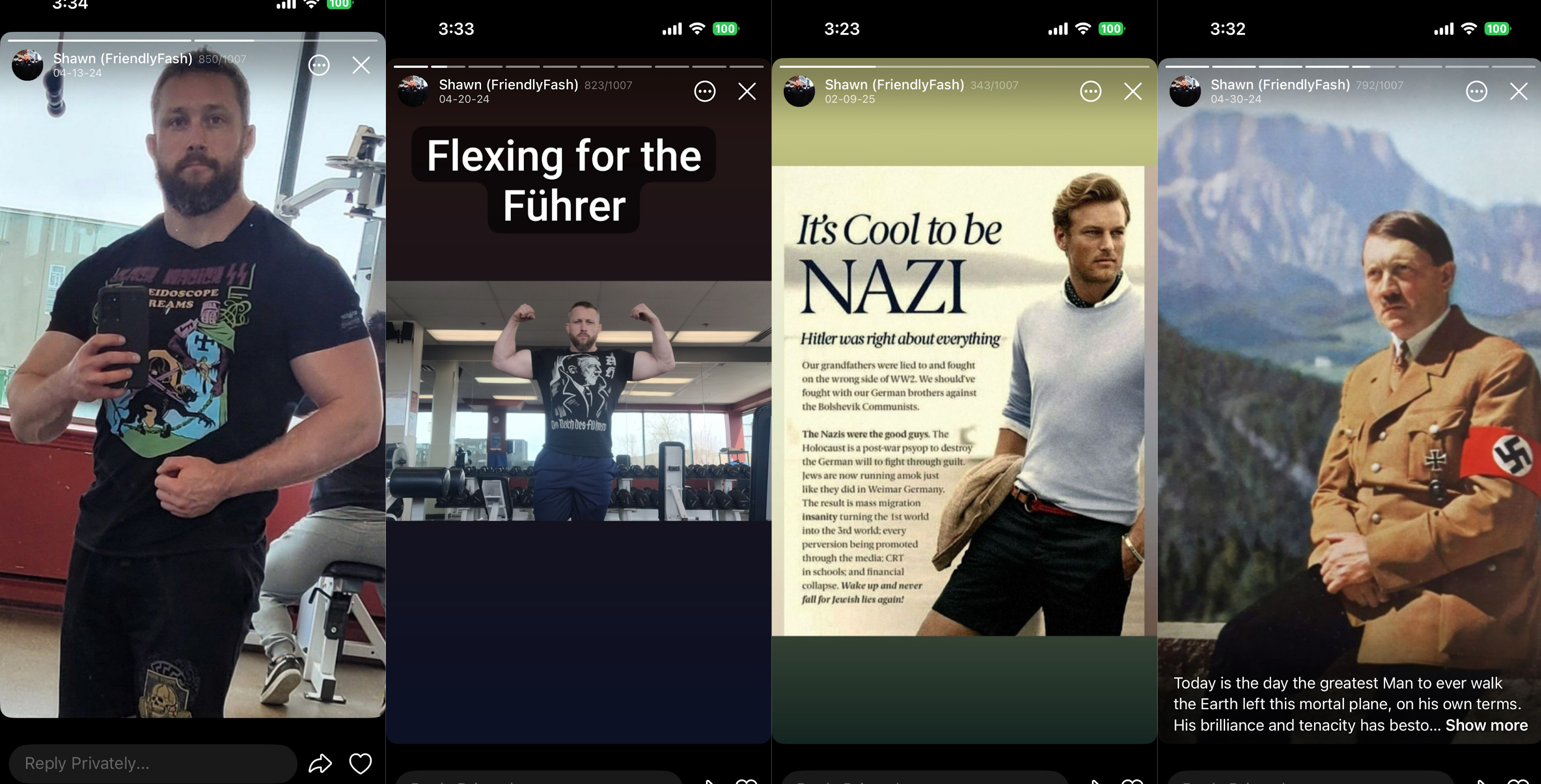 Four screenshots show various posts from Shawn Beauvais-MacDonald, including one image with the slogan &ldquo;flexing for the F&uuml;hrer,&rdquo; &ldquo;It&rsquo;s Cool to be Nazi&rdquo; and a photograph of Hitler with text calling him &ldquo;the greatest man to ever walk the earth.&rdquo;