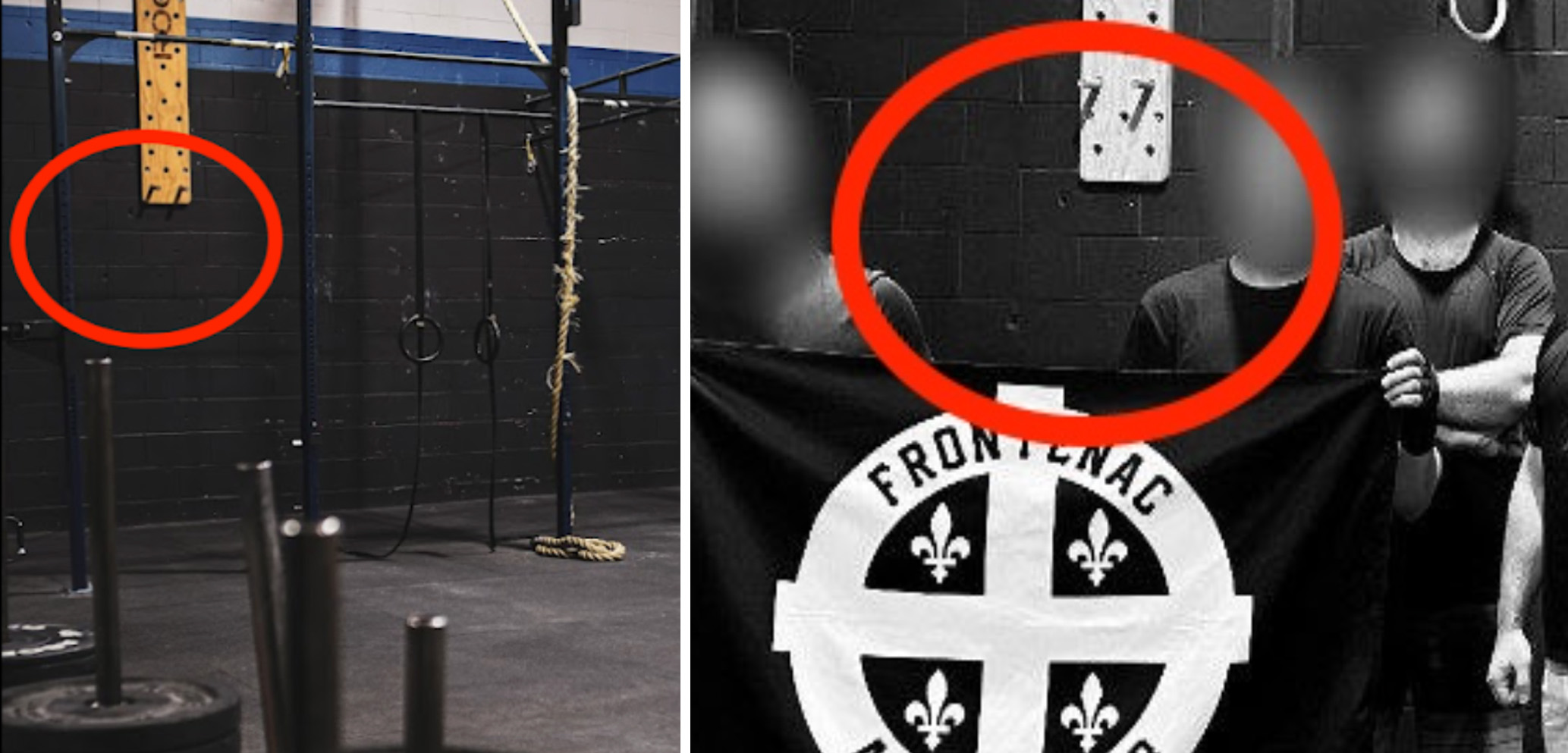 Two photos of the gym interior show the same wooden peg board fixed to the wall.