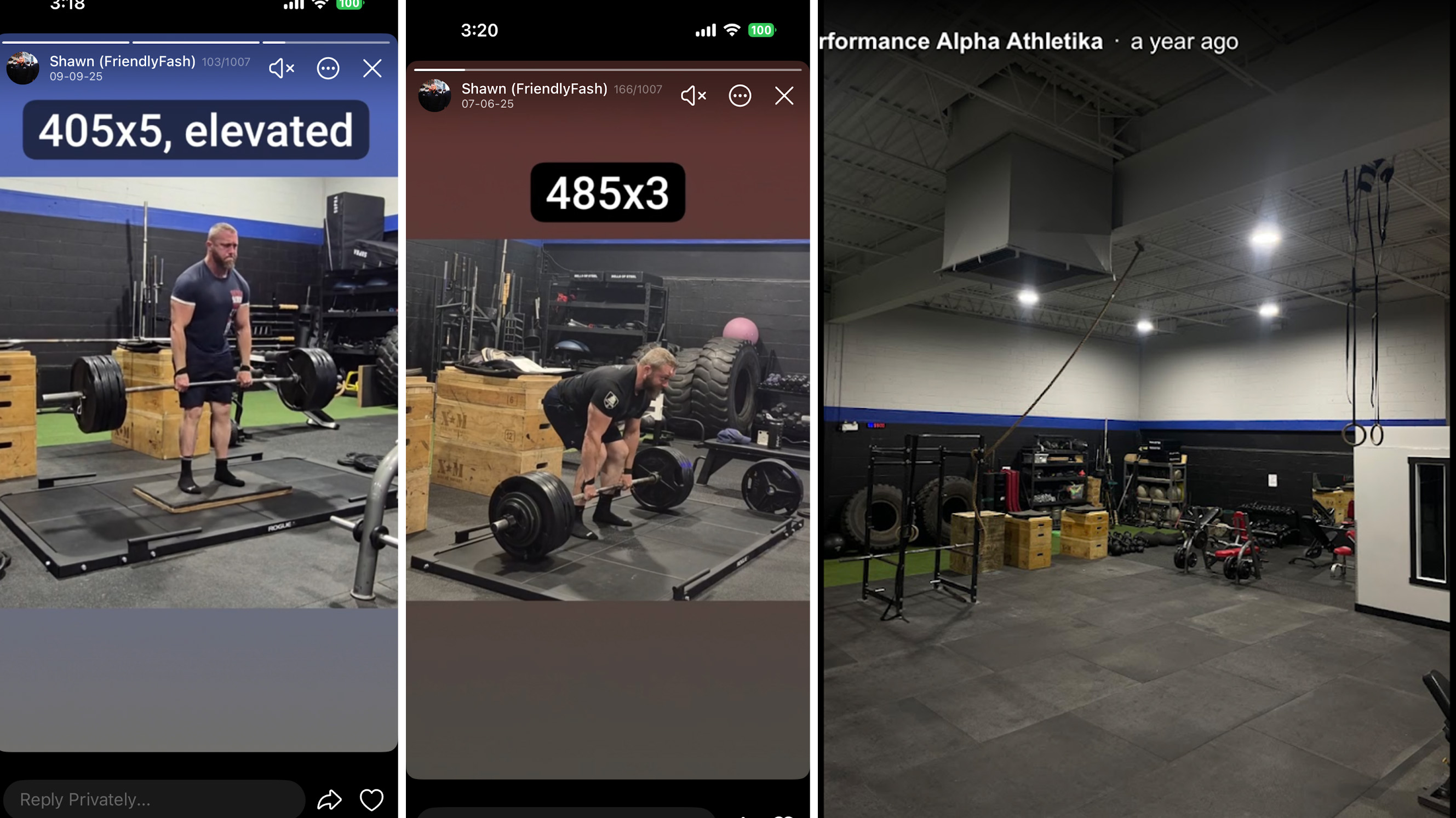 Two photos show a muscular man with a beard lifting weights in a gym. An additional photos show a shot of the gym&rsquo;s empty interior.