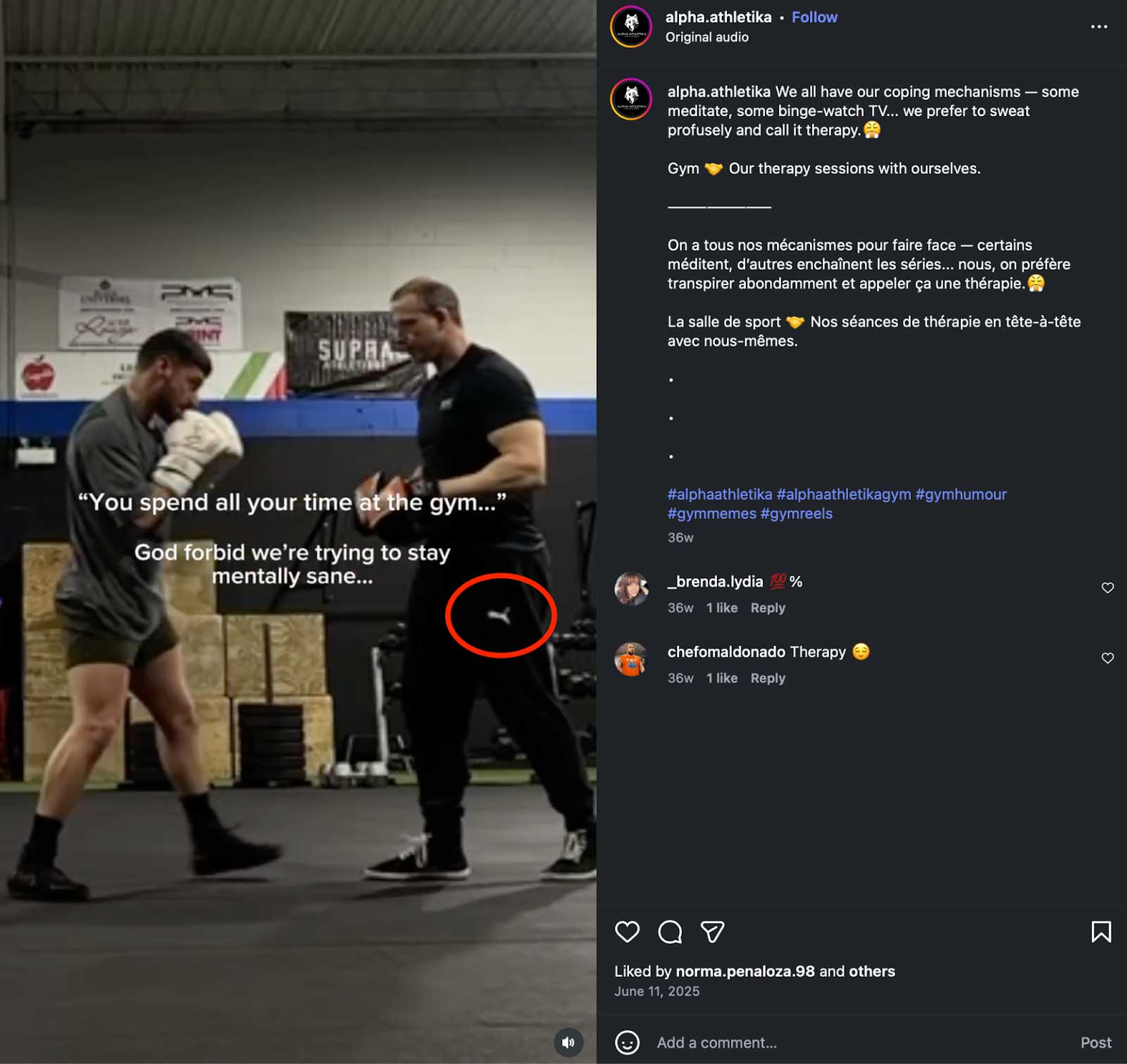 The photo on top shows a man training at a gym, wearing black athletic pants with a Puma logo. The photo on the bottom shows a photo of eleven men in a row with the same Puma logo circled on one of the men&rsquo;s pants.