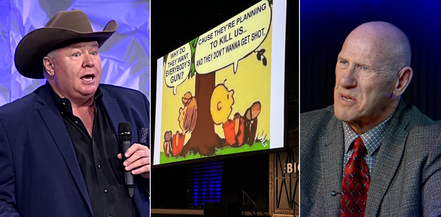 Three images include two late-middle-aged white men, one wearing a cowboy hat and holding a microphone, the other wearing a sports coat, and a fake Peanuts cartoon showing Peppermint Patty asking &lsquo;Why do they want everyone&rsquo;s guns?&rsquo; and Charlie Brown saying &lsquo;Because they&rsquo;re planning to kill us and they don&rsquo;t wanna get shot.&rsquo;