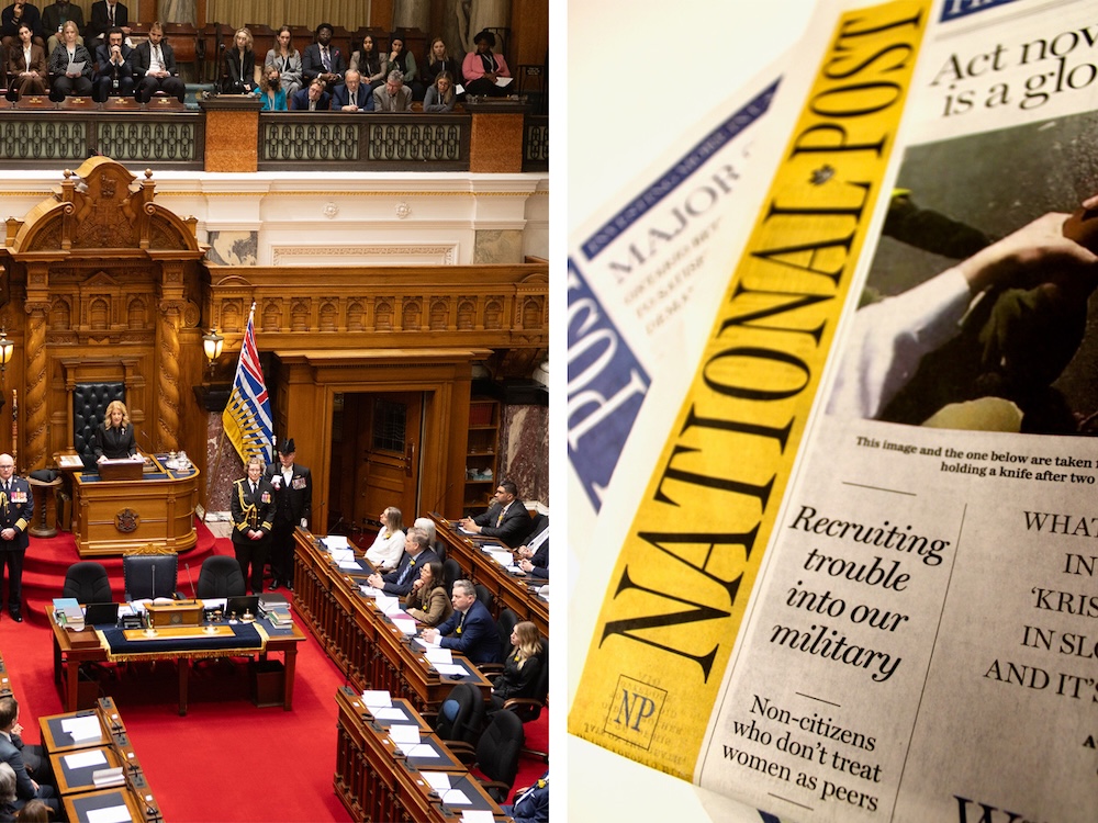 One photo shows the interior of the B.C. legislature, with MLAs sitting at desks and the speaker presiding in the middle of the room. Another photo shows the front page of the National Post newspaper.