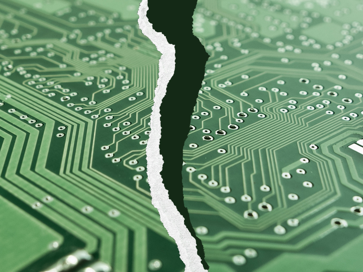 A collage shows a closeup of a semiconductor with a rip down the middle. 