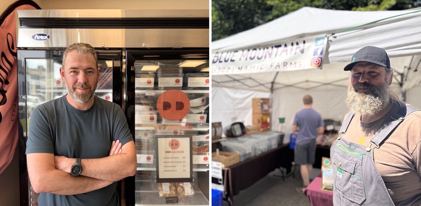 On the left, a man with light skin and salt-and-pepper hair and beard, wearing a dark grey T-shirt, stands in front of a glass-doored grocery store freezer. On the right, a man with light skin and curly grey beard, wearing a baseball cap and overalls, stands in front of a farmers market stand.