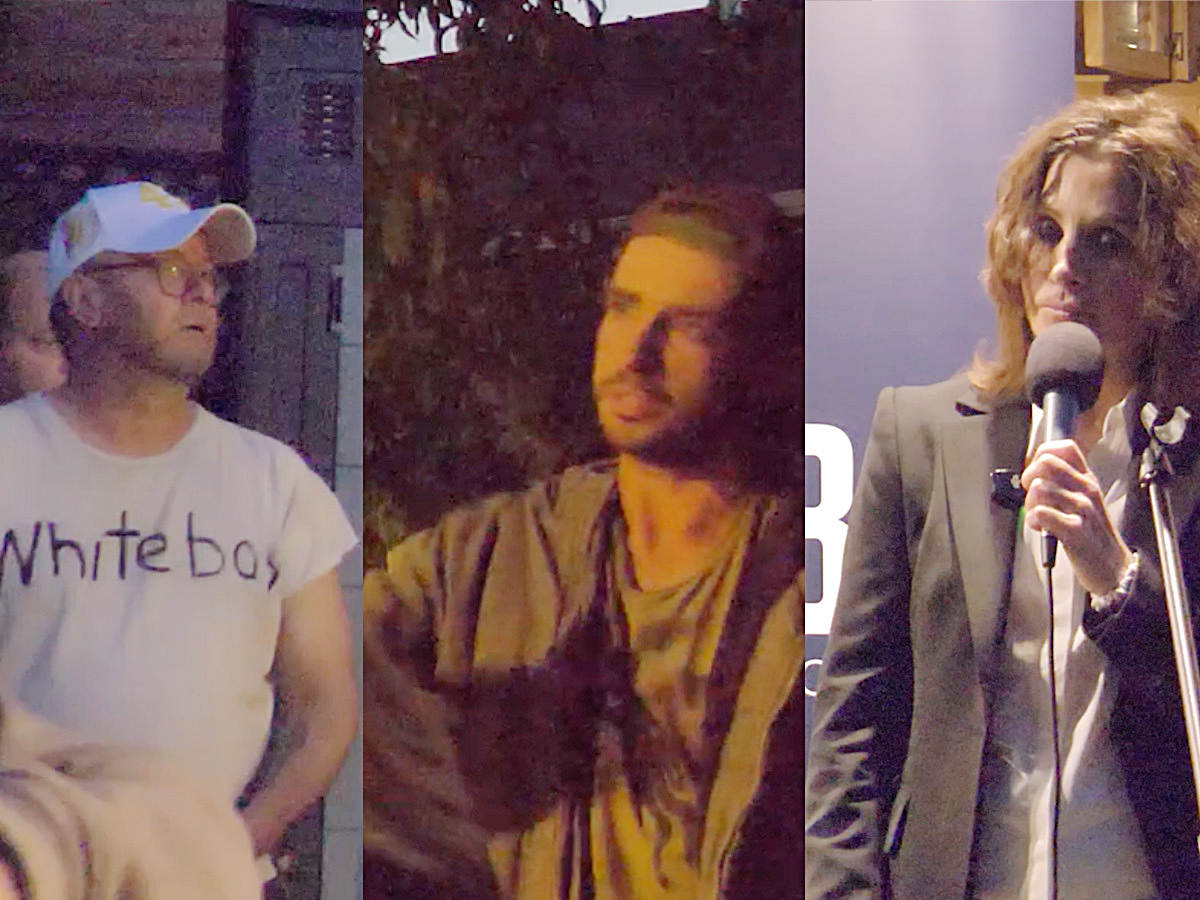 Three photos are side by side. On the left is a man wearing a white T-shirt that says &lsquo;White boy.&rsquo; In the centre is a man with short hair wearing a green shirt. On the right, OneBC Leader Dallas Brodie.