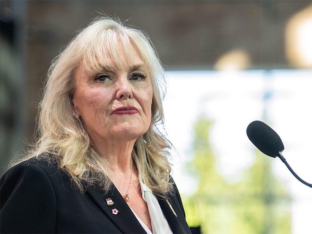 Elected leader of the Conservative Party of BC Kerry-Lynne Findlay pauses as she speaks during leadership election night in Vancouver, on Saturday, May 30, 2026.