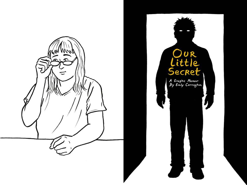 Author Emily Carrington, left, appears in a black and white illustrated self-portrait. She has shoulder-length hair with bangs. She is seated at a table, eyebrows raised with a gentle expression. Her right hand is adjusting her glasses.