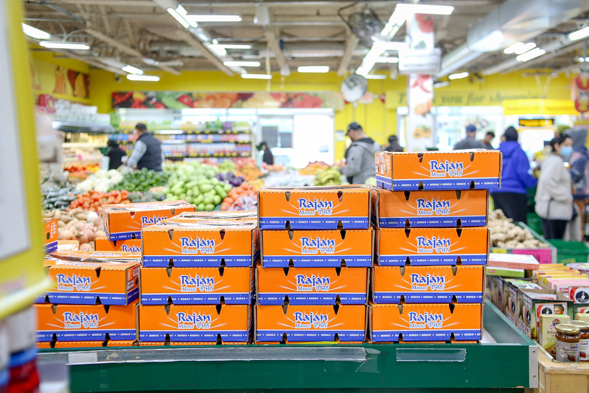 In one of Fruiticana&rsquo;s Surrey locations with their signature bright-yellow walls, orange cardboard cases of mangoes sit stacked on a green cart in the produce department. In the background, people are shopping for groceries.