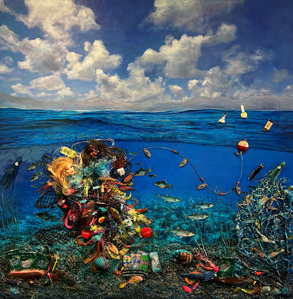 A realistic style painting showing clouds in a blue sky, the surface of water, and a trash cluttered world beneath the surface, including a Barbie doll&rsquo;s head.