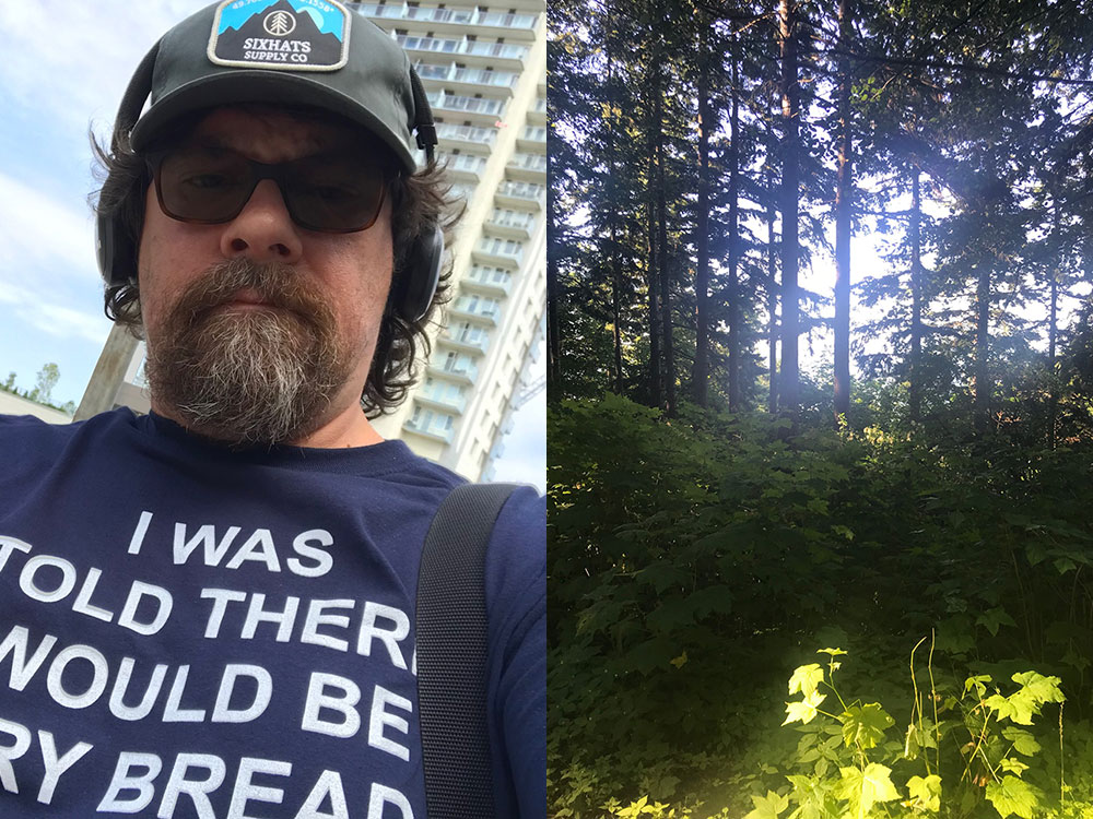 A photo depicts Joseph Kakwinokanasum in a ball cap, sunglasses, headphones and blue navy t-shirt that reads &ldquo;I was told there would be fry bread. Another photo shows a forest with light shining through it.