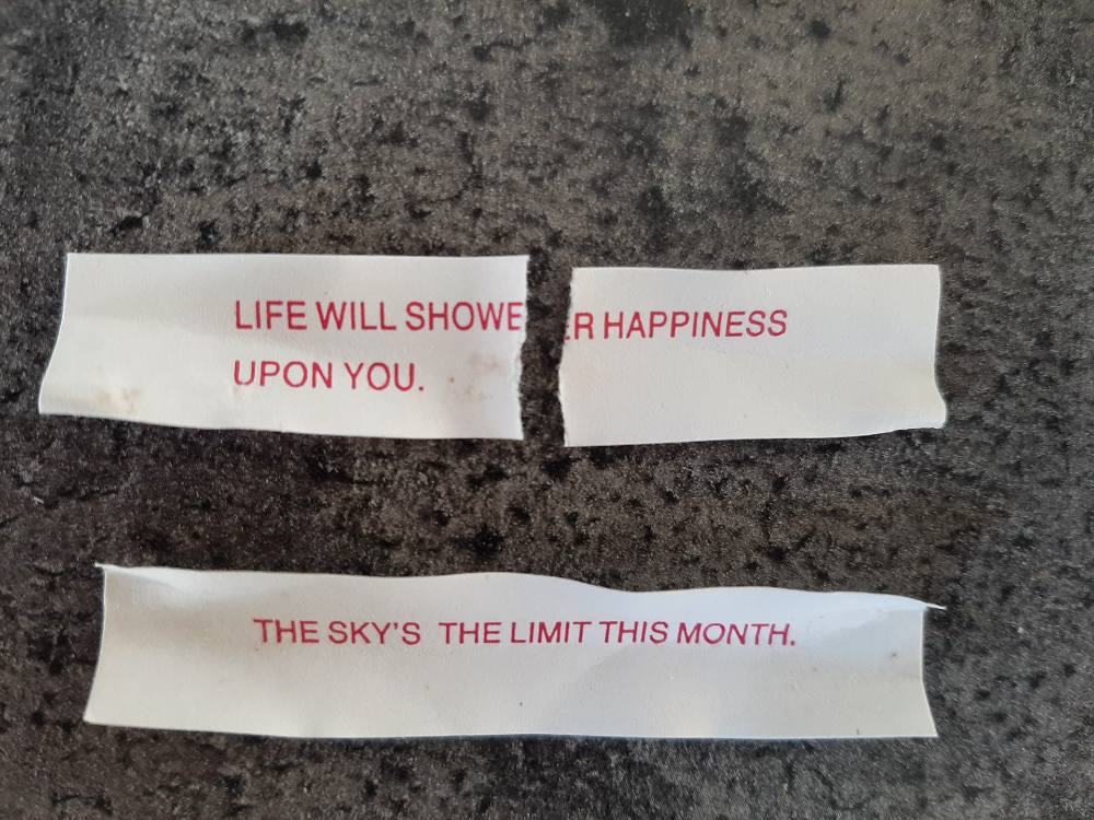 Two paper fortunes from fortune cookies read &ldquo;Life will shower happiness upon you&rdquo; and &ldquo;The sky&rsquo;s the limit this month.&rdquo;