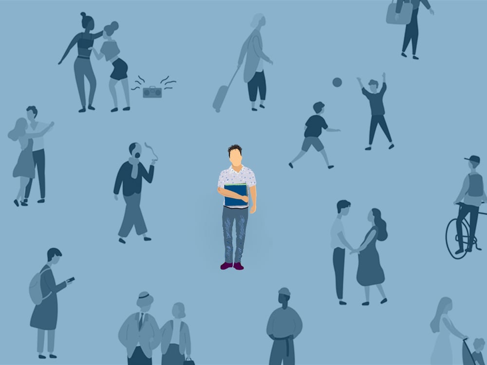 An illustration of a man with curly hair and a light short-sleeved shirt depicts him holding an armful of vinyl records. In the blue background are muted illustrations of other people at work.