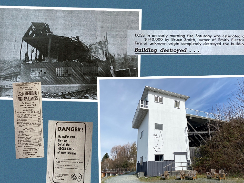 A collage shows a black-and-white photo of a burned building, some newspaper snippets, and a colour contemporary photo of a newer, tall, skinny white building.