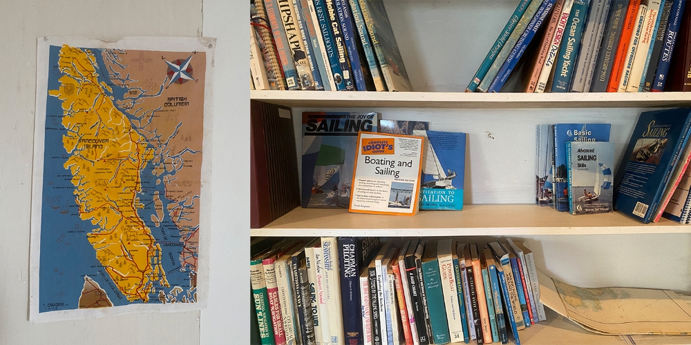 On the left, a vintage map of Vancouver Island and the Georgia Strait. On the right, sailing manuals on a bookshelf at the Yacht Club (including The Complete Idiot&rsquo;s Guide to Sailing).