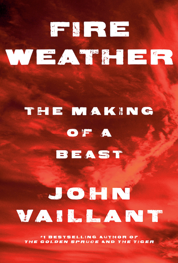 The book cover for John Vaillant&rsquo;s Fire Weather features white sans-serif typeface against a fiery red sky.