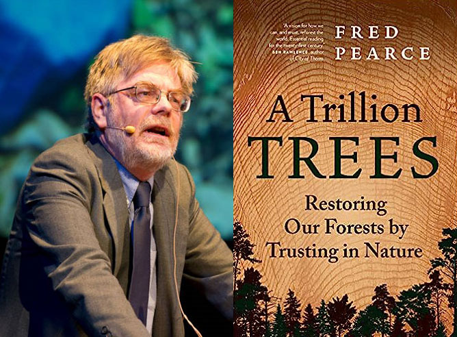 On the left, a man leans on a podium with a microphone headset in front of a blue-green background. On the right, a cover of the book &lsquo;A Trillion Trees,&rsquo; with typeface superimposing a background of stylized bark.