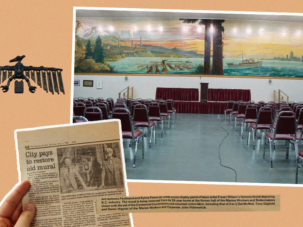 A collage of images shows a carved bird sculpture, a photo of a mural in a union hall, and a couple newspaper clippings.
