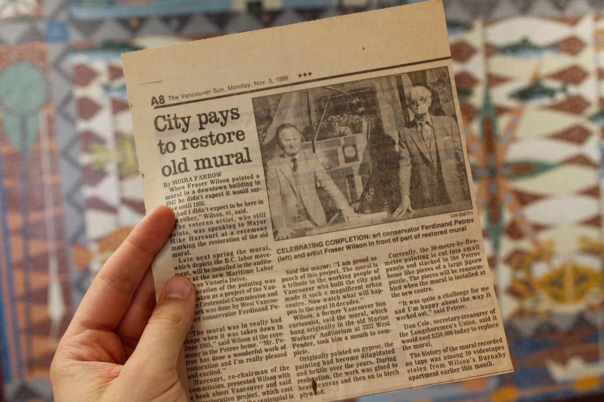 A Vancouver Sun clipping&rsquo;s headline reads, &ldquo;City Pays to Restore Old Mural.&rdquo; 