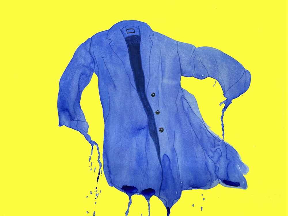 An illustration of a medium-blue overcoat appears to be melting away from the bottom atop a bright yellow background.