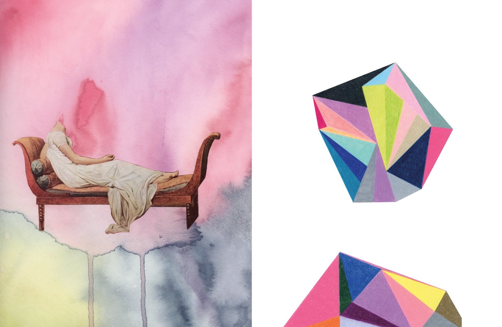 A watercolour diptych features, on the left, a headless woman in a white dress sitting on a brown wooden antiquated lounge chair against a pink background. On the right, a pair of colourful geometric shapes that recall diamonds or gems against a black background.