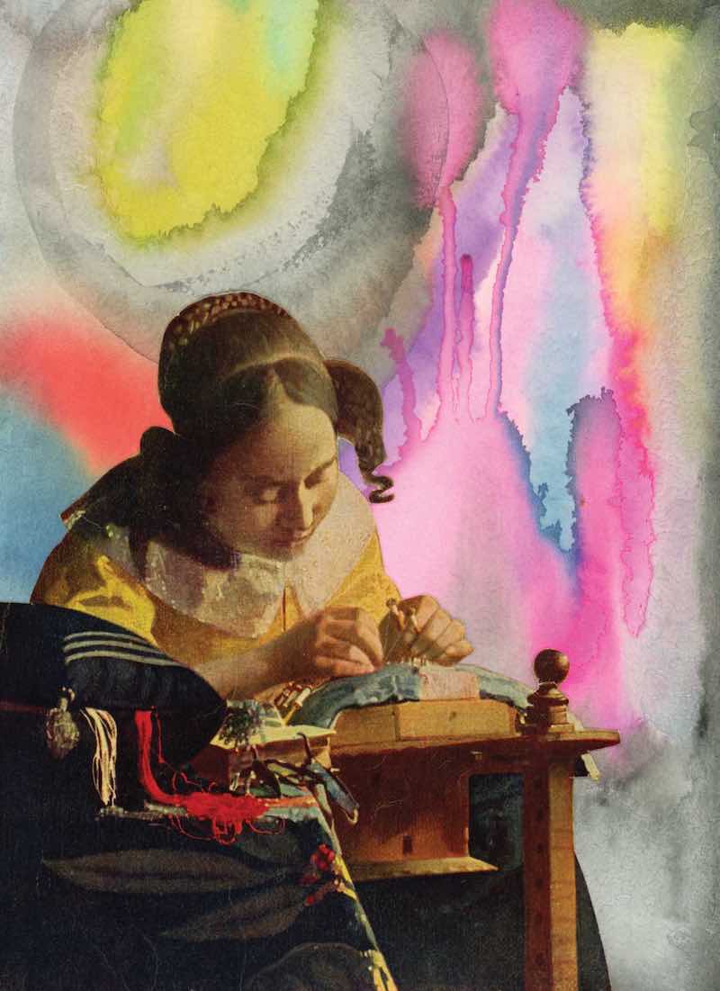 A watercolour of a young woman in the style of 15th-century Flemish painting depicts her hunched over a work table in a yellow top, making lace against a colourful background.