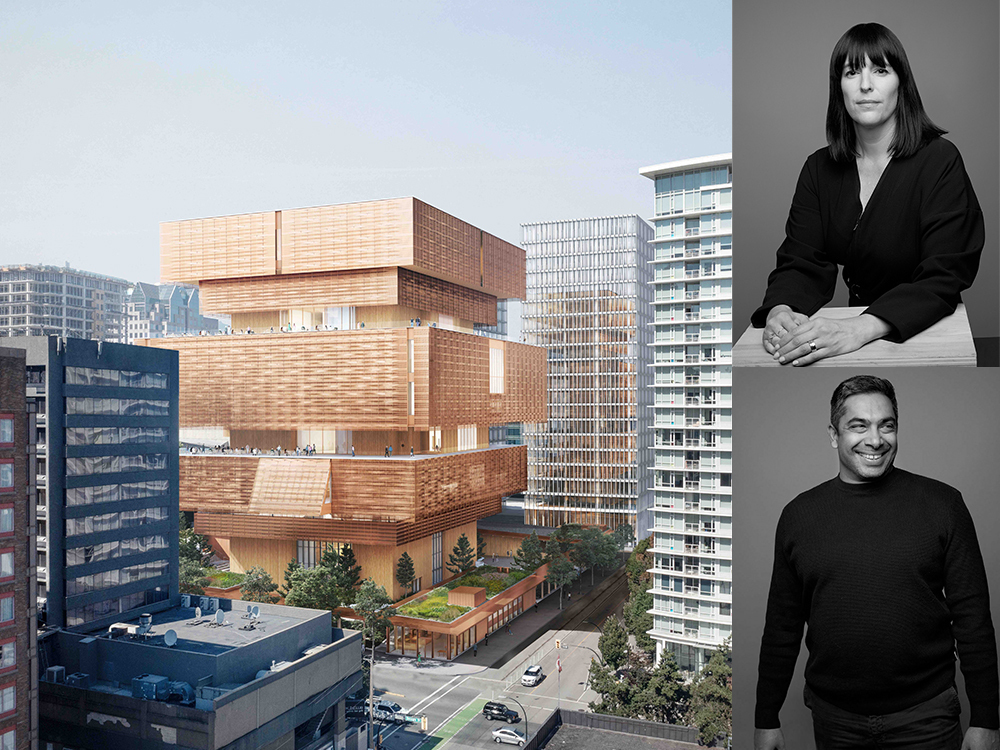 A three-panel image features, at left, a digital illustration of a multi-storey bronze building in a bustling daytime downtown context. To the right, two vertical black and white portraits feature, at top, a man standing and smiling, looking to the right, and at bottom, a woman seated and looking directly at the camera.