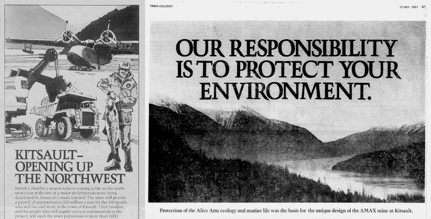 On the left, a black and white newspaper clipping with images of a coastal inlet, float plane, fisherman and mining truck says, &ldquo;Kitsault opening up the northwest.&rdquo; On the right is a clipping with a headline that says &ldquo;Our responsibility is to protect your environment&rdquo; over an image of a coastal fjord.