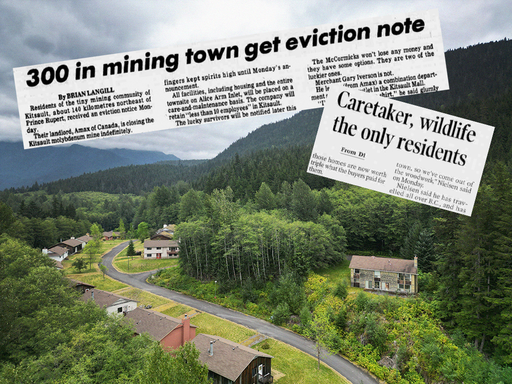 An aerial photo showing a row of aging houses in a green coastal landscape with dark clouds overhead has two newspaper clippings superimposed on the top half of the photo: one headline reads &ldquo;300 in mining town get eviction note&rdquo;; the other reads &ldquo;Caretaker, wildlife the only residents.&rdquo;