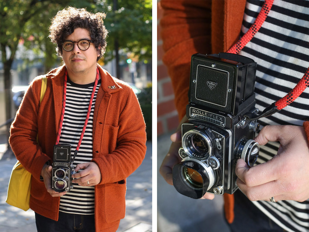 A two-panel image. On the left, a man with dark curly hair and glasses holds a Rolleiflex on a sunny autumn day looking at the camera. On the right, a close-up of fingers operating a black Rolleiflex hanging around someone’s neck. It is a beautiful instrument.