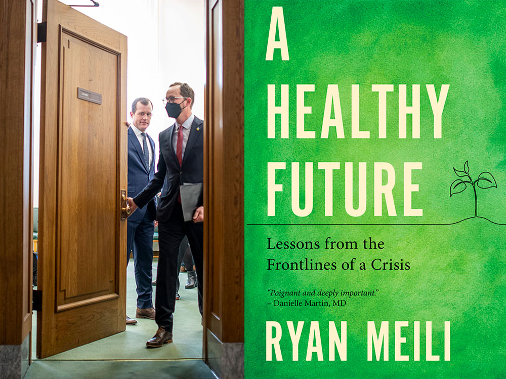 Two images side by side. At left, Ryan Meili, a man with short brown hair, glasses and dressed in a dark suit with a red tie is opening a wood door. He is wearing a black medical mask. Behind him, Trent Wotherspoon follows in a blue suit and tie. He is not wearing a mask. The two are stepping into a dimly lit hallway from a bright room with white walls. At right, the book cover for Ryan Meili’s 'A Healthy Future' features the title and author name in off-white sans serif text against a green background that is made to look like watercolour paint across a piece of paper. A small black line illustration of a sprout is to the right of the frame.