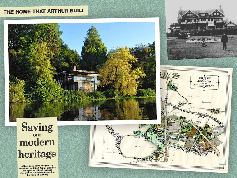 A collage with a picture of a glass house in the centre. Beside it is an old map of Deer Lake. There are some newspaper clippings about the house’s history.