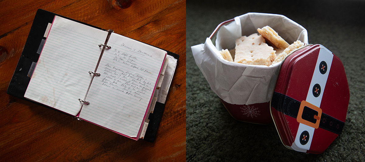 Left: a recipe card in a binder. Right: a tin of Christmas shortbread.
