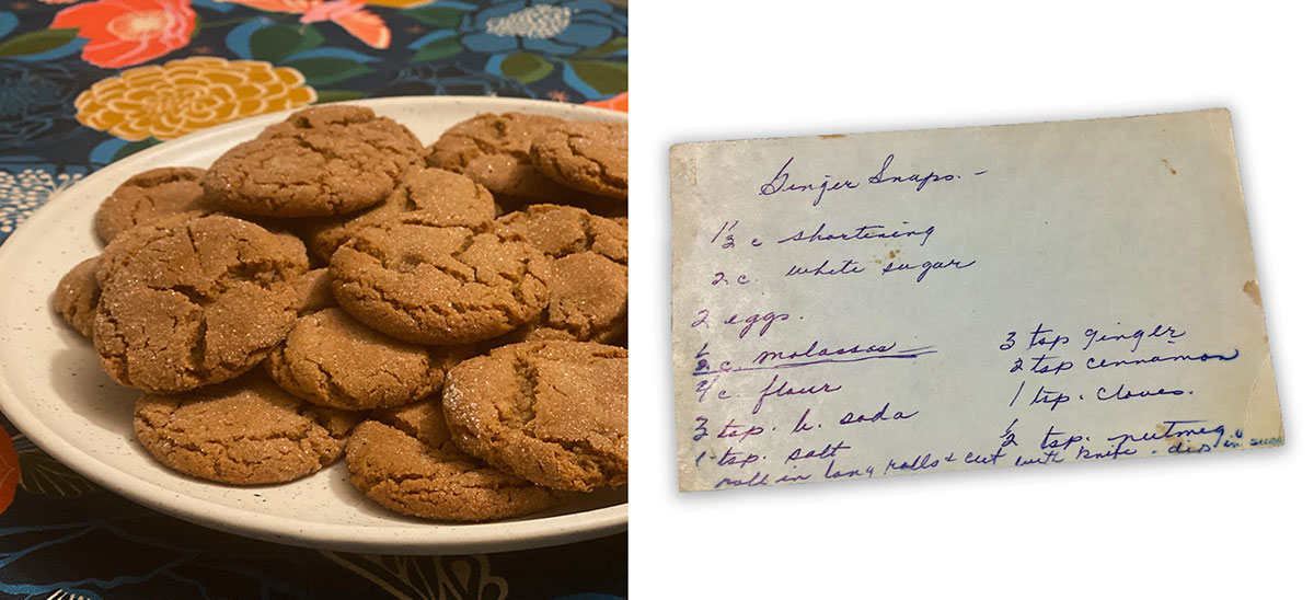 Left: a plate of gingersnaps with a perfect crackle on a floral tablecloth. Right: a recipe card.