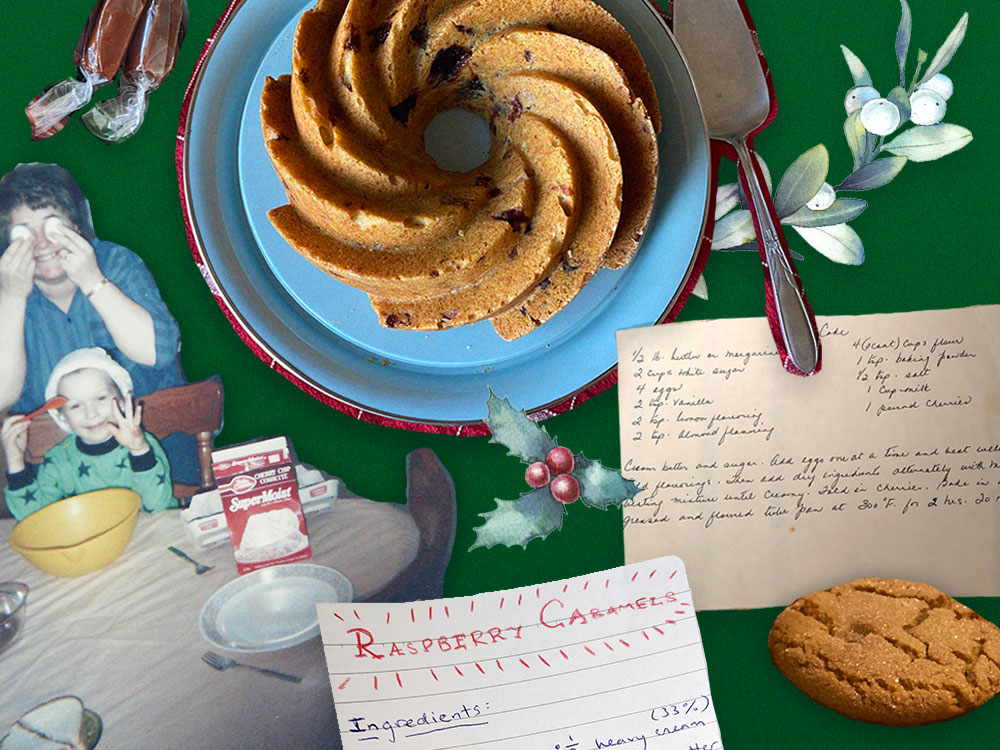 A collage shows an overhead shot of a Bundt cake, Katie Hyslop baking with their aunt as a child, some recipe cards, a gingersnap and a few springs of holly.