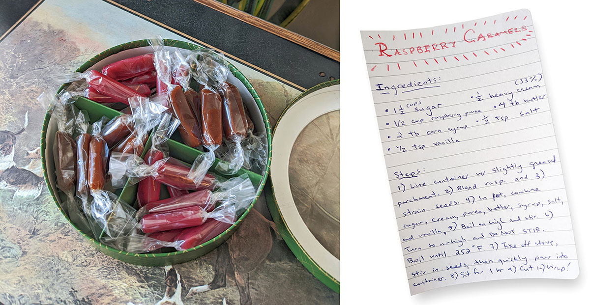 Left: an overhead shot of caramels in a container on a TV tray decorated with geese. Right: A recipe card.