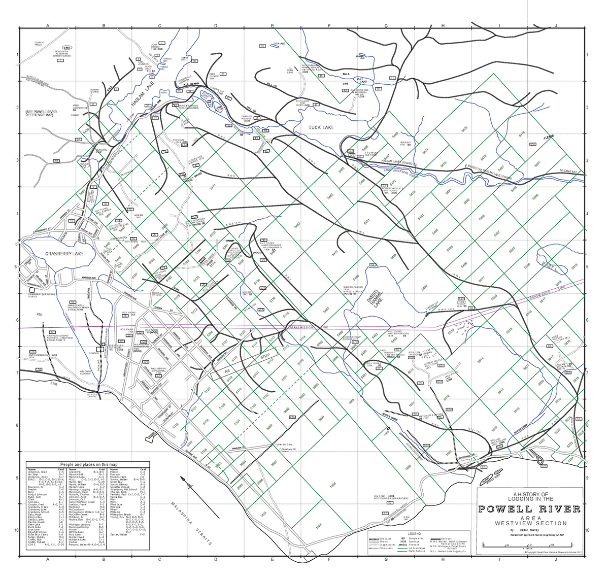 A black and white map shows many old rail lines, including one that connects the main Haslam line to a spur line that crosses Haslam Lake where the trestle bridge piles are still visible today.