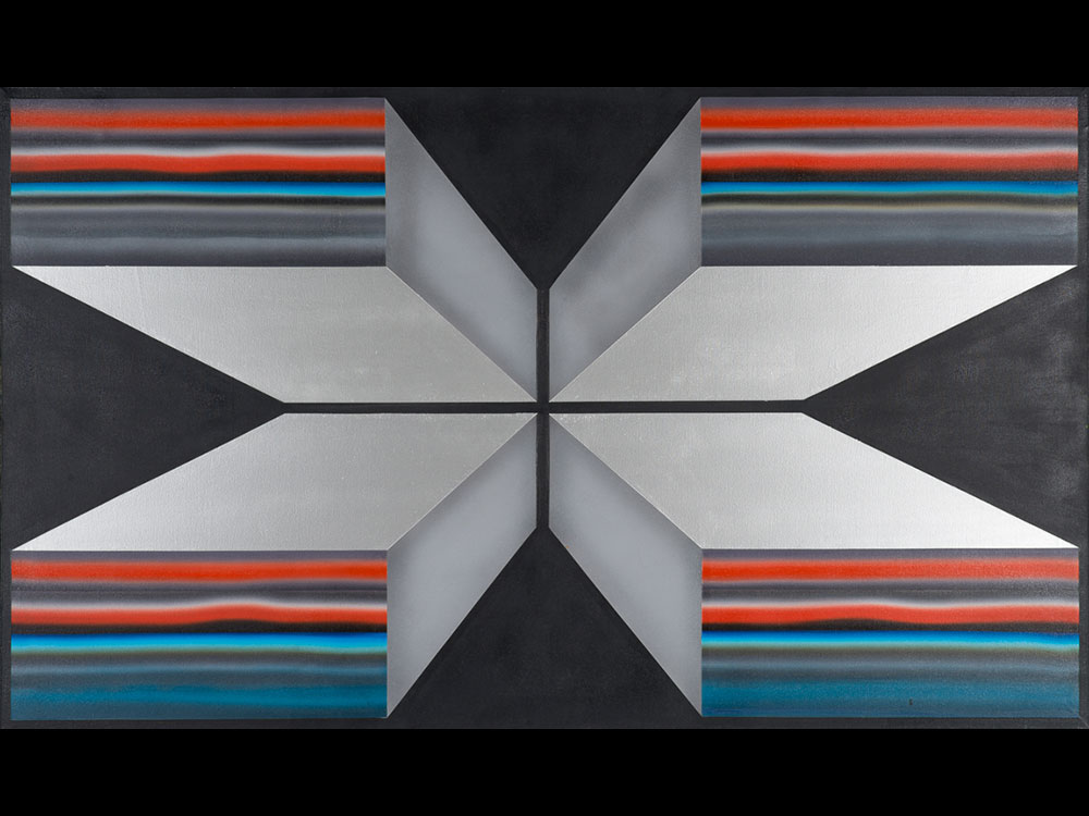 A painting depicts block-like geometric shapes radiating out from the centre of the frame into four prismatic rectangles that reach to each corner of the frame. The artwork uses grey, blue and red.